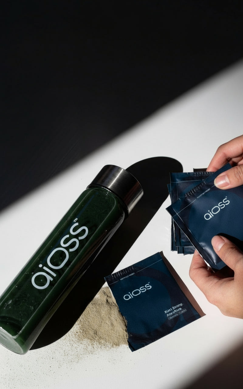 oiooss skincare product and packaging on a white surface with a hand holding additional packets.
